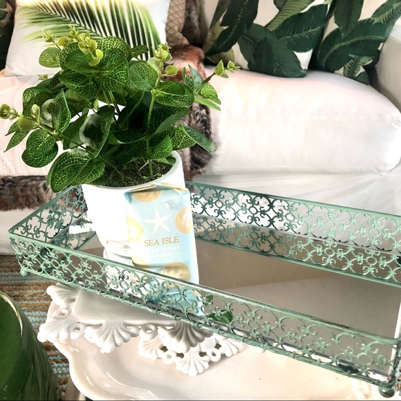 NWT Large Mirrored Green Enamel Footed Dresser Tray. - Picture 2 of 6